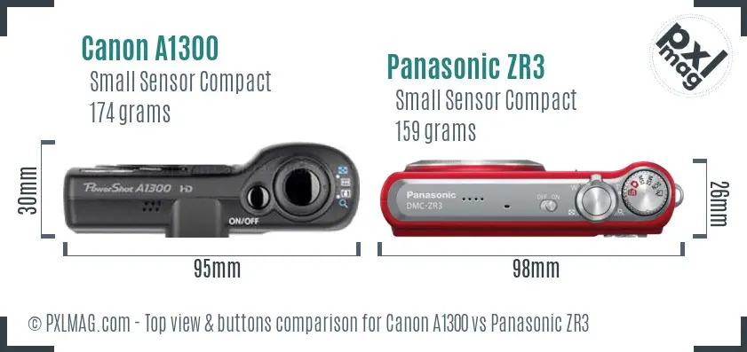 Canon A1300 vs Panasonic ZR3 top view buttons comparison
