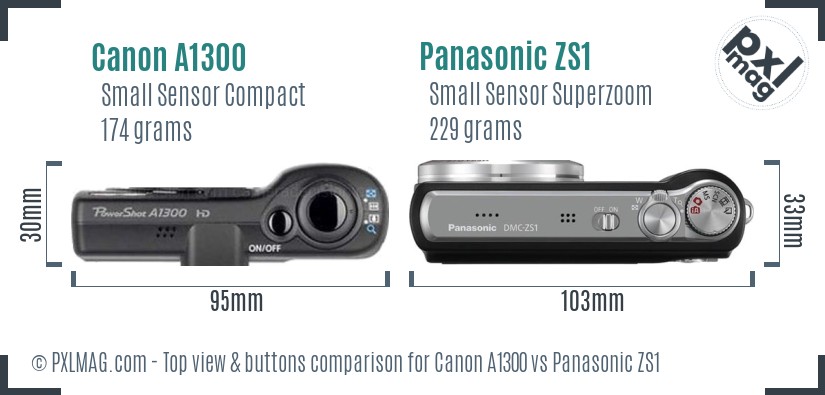 Canon A1300 vs Panasonic ZS1 top view buttons comparison