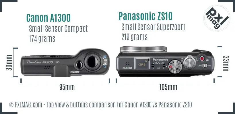 Canon A1300 vs Panasonic ZS10 top view buttons comparison