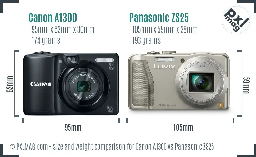 Canon A1300 vs Panasonic ZS25 size comparison