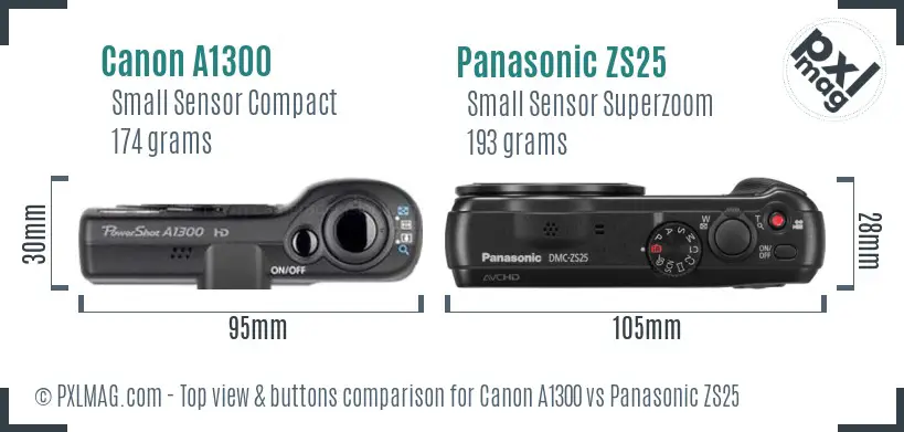 Canon A1300 vs Panasonic ZS25 top view buttons comparison