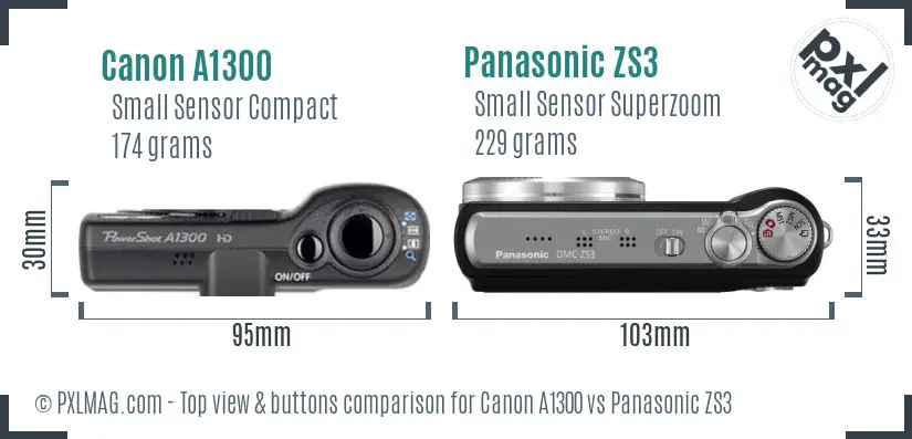 Canon A1300 vs Panasonic ZS3 top view buttons comparison Canon A1300 vs Panasonic ZS3 top view buttons comparison