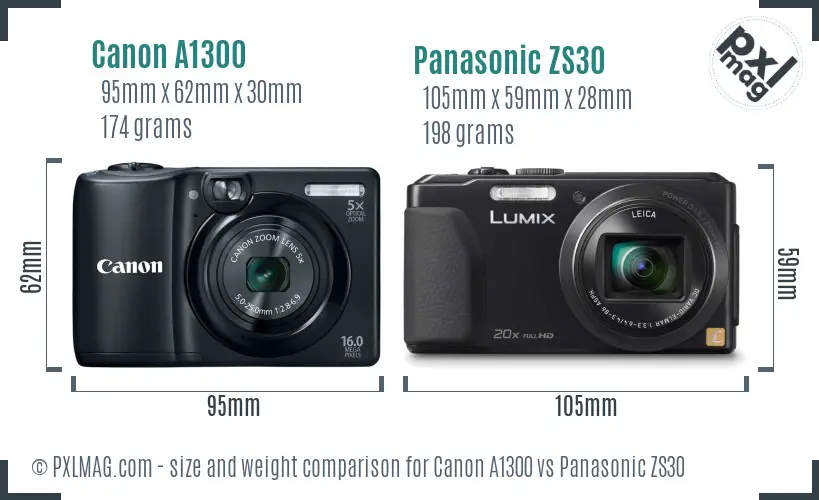 Canon A1300 vs Panasonic ZS30 size comparison