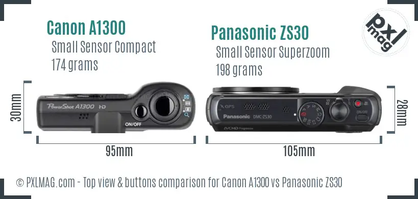 Canon A1300 vs Panasonic ZS30 top view buttons comparison