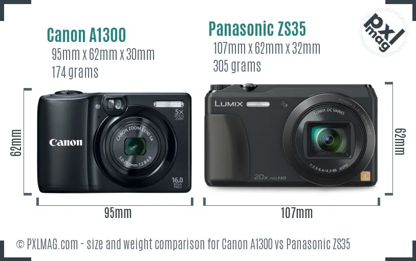 Canon A1300 vs Panasonic ZS35 size comparison