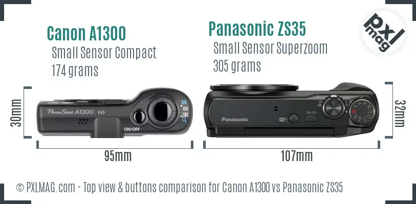 Canon A1300 vs Panasonic ZS35 top view buttons comparison