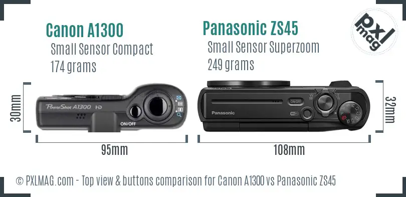 Canon A1300 vs Panasonic ZS45 top view buttons comparison