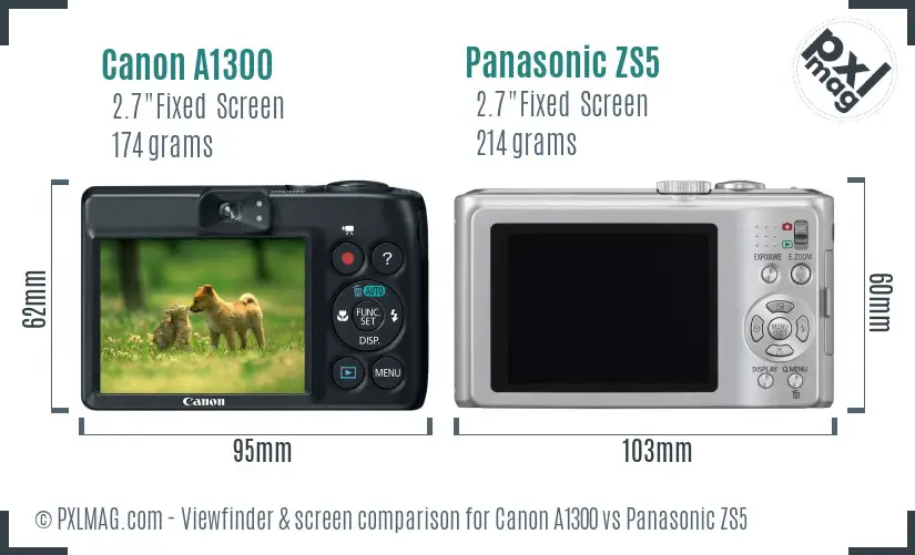Canon A1300 vs Panasonic ZS5 Screen and Viewfinder comparison