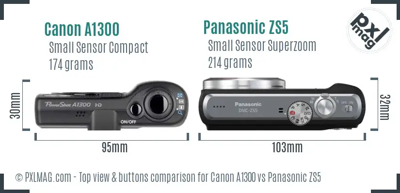 Canon A1300 vs Panasonic ZS5 top view buttons comparison