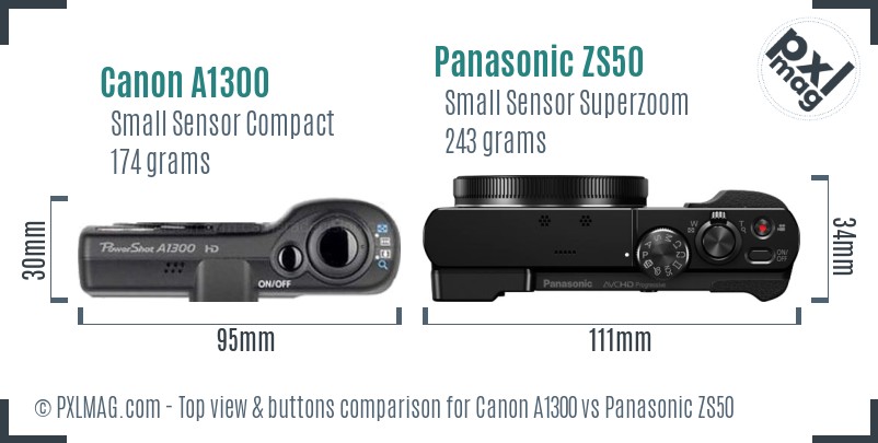 Canon A1300 vs Panasonic ZS50 top view buttons comparison