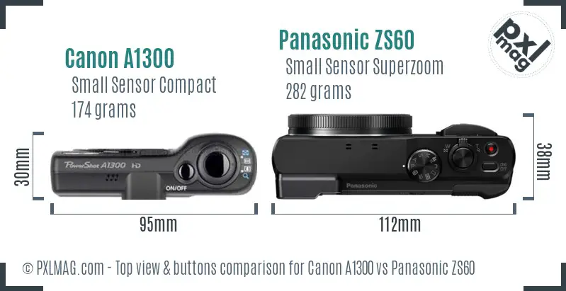 Canon A1300 vs Panasonic ZS60 top view buttons comparison Canon A1300 vs Panasonic ZS60 top view buttons comparison