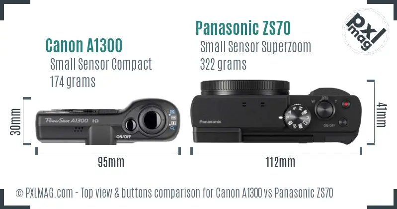 Canon A1300 vs Panasonic ZS70 top view buttons comparison