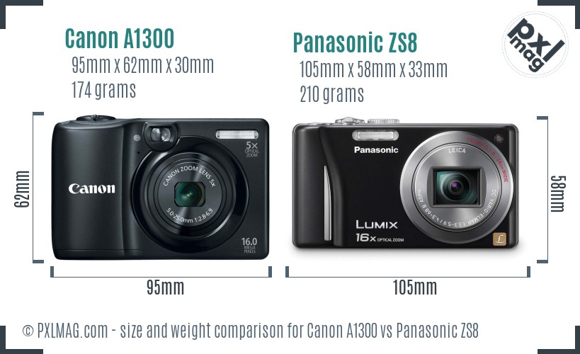 Canon A1300 vs Panasonic ZS8 size comparison