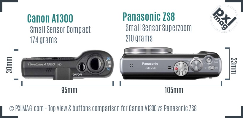 Canon A1300 vs Panasonic ZS8 top view buttons comparison