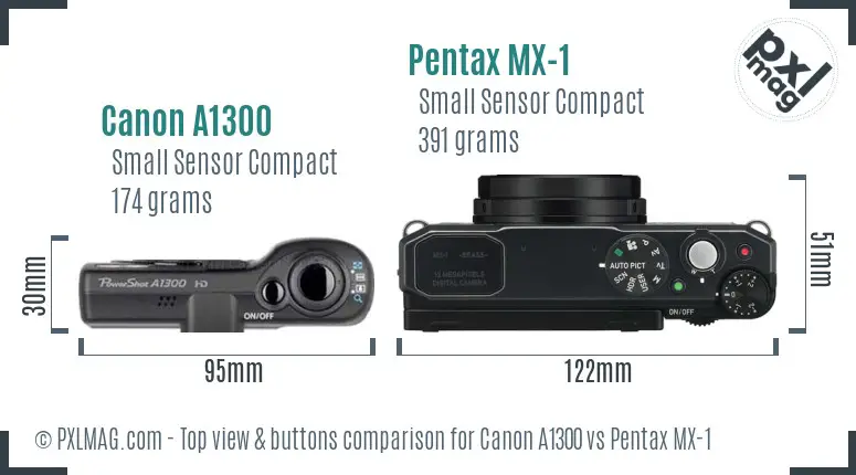 Canon A1300 vs Pentax MX-1 top view buttons comparison