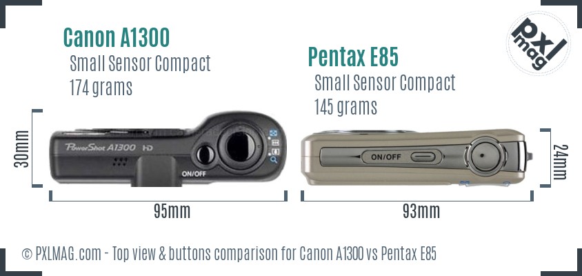 Canon A1300 vs Pentax E85 top view buttons comparison