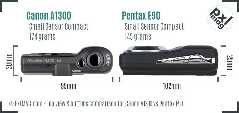 Canon A1300 vs Pentax E90 top view buttons comparison Canon A1300 vs Pentax E90 top view buttons comparison