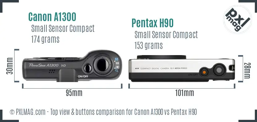 Canon A1300 vs Pentax H90 top view buttons comparison