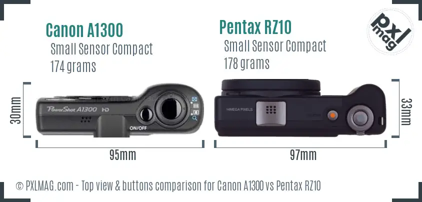 Canon A1300 vs Pentax RZ10 top view buttons comparison