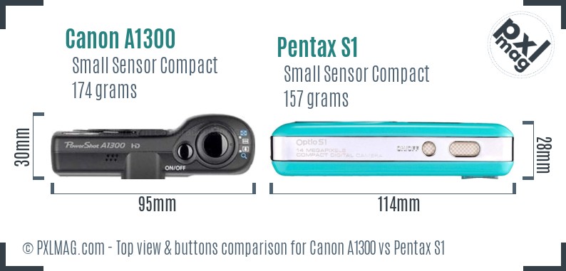 Canon A1300 vs Pentax S1 top view buttons comparison