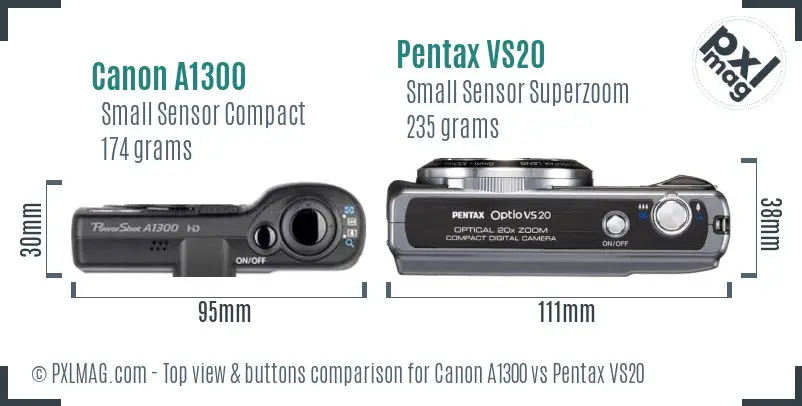 Canon A1300 vs Pentax VS20 top view buttons comparison Canon A1300 vs Pentax VS20 top view buttons comparison