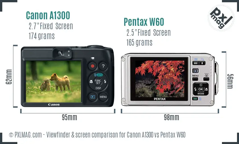 Canon A1300 vs Pentax W60 Screen and Viewfinder comparison