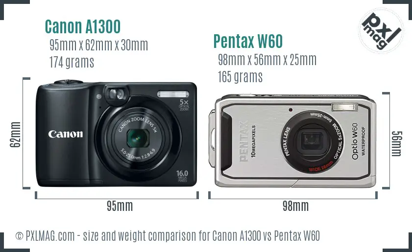 Canon A1300 vs Pentax W60 size comparison