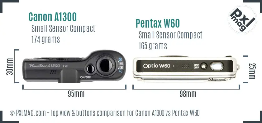 Canon A1300 vs Pentax W60 top view buttons comparison