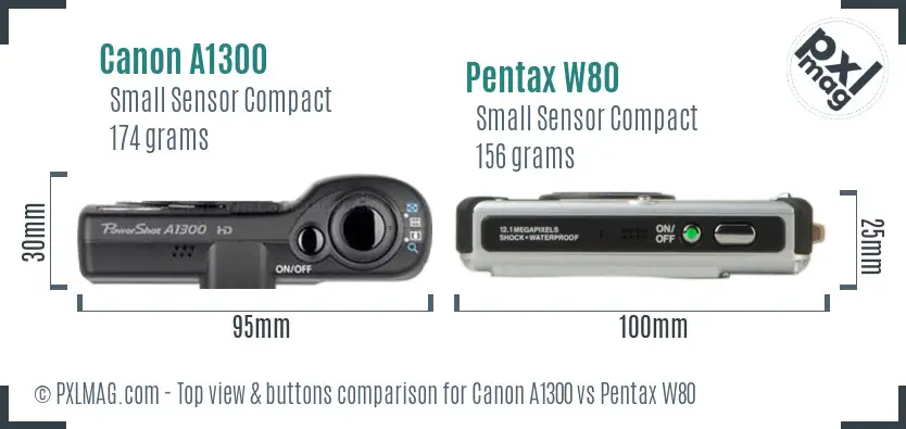 Canon A1300 vs Pentax W80 top view buttons comparison