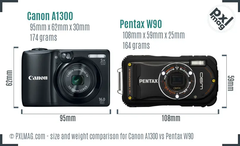 Canon A1300 vs Pentax W90 size comparison
