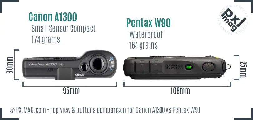 Canon A1300 vs Pentax W90 top view buttons comparison