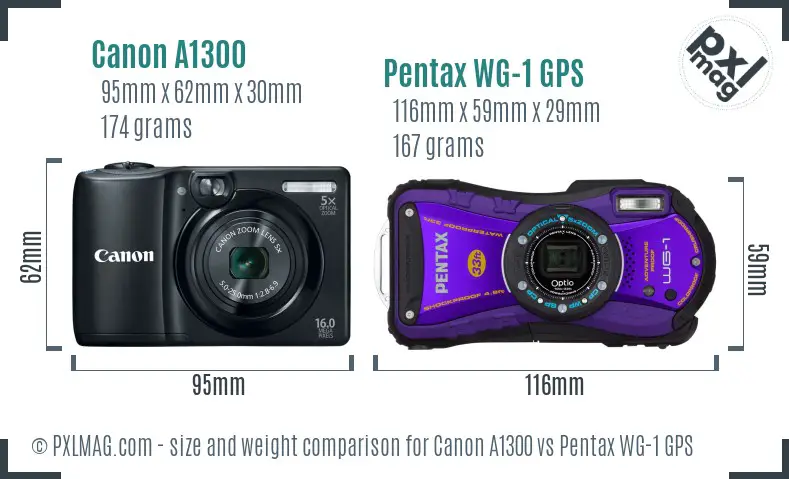 Canon A1300 vs Pentax WG-1 GPS size comparison Canon A1300 vs Pentax WG-1 GPS size comparison