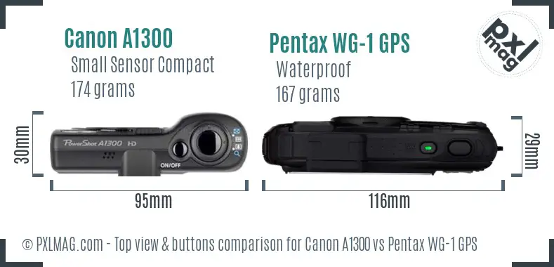 Canon A1300 vs Pentax WG-1 GPS top view buttons comparison