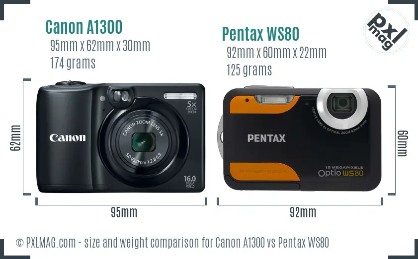 Canon A1300 vs Pentax WS80 size comparison