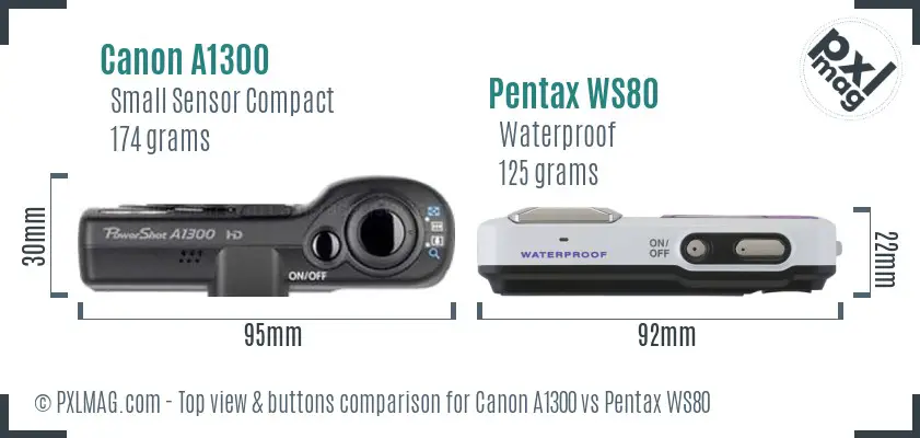 Canon A1300 vs Pentax WS80 top view buttons comparison