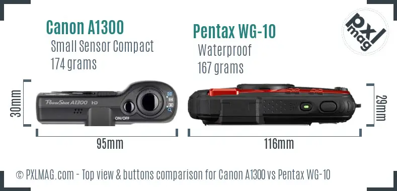 Canon A1300 vs Pentax WG-10 top view buttons comparison Canon A1300 vs Pentax WG-10 top view buttons comparison