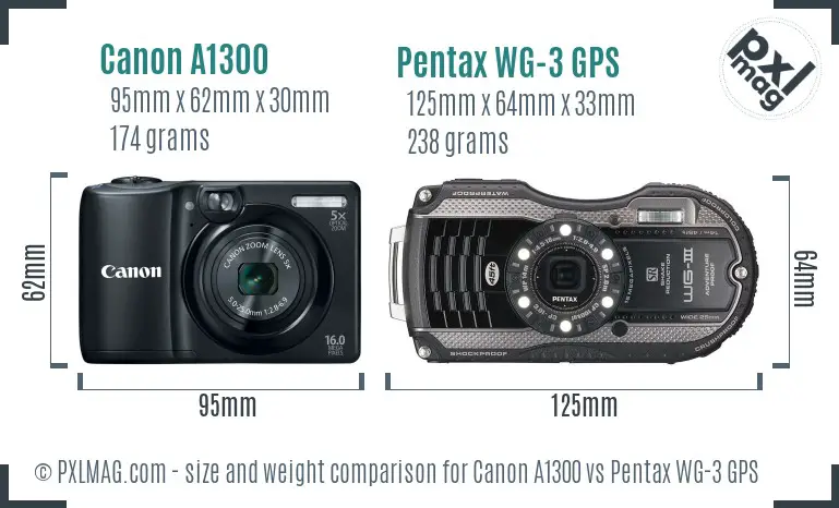 Canon A1300 vs Pentax WG-3 GPS size comparison