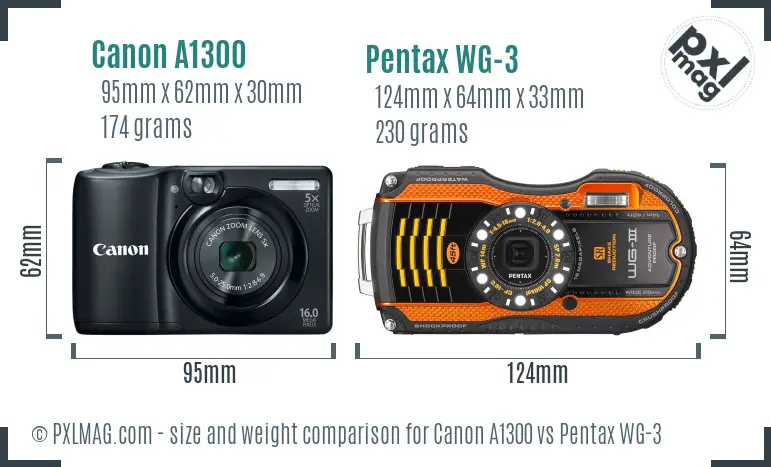 Canon A1300 vs Pentax WG-3 size comparison