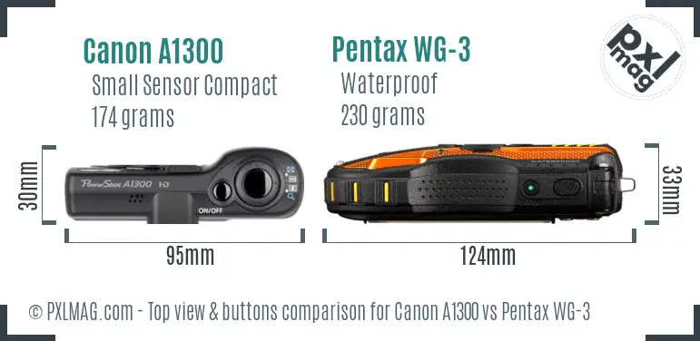 Canon A1300 vs Pentax WG-3 top view buttons comparison