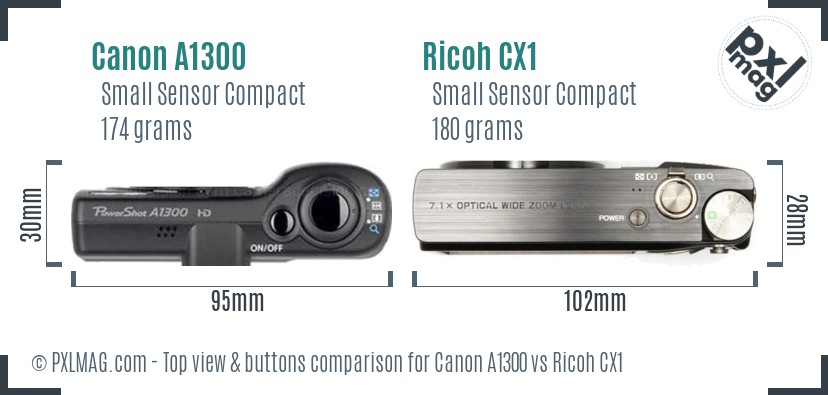 Canon A1300 vs Ricoh CX1 top view buttons comparison