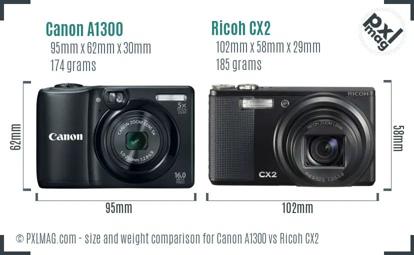 Canon A1300 vs Ricoh CX2 size comparison