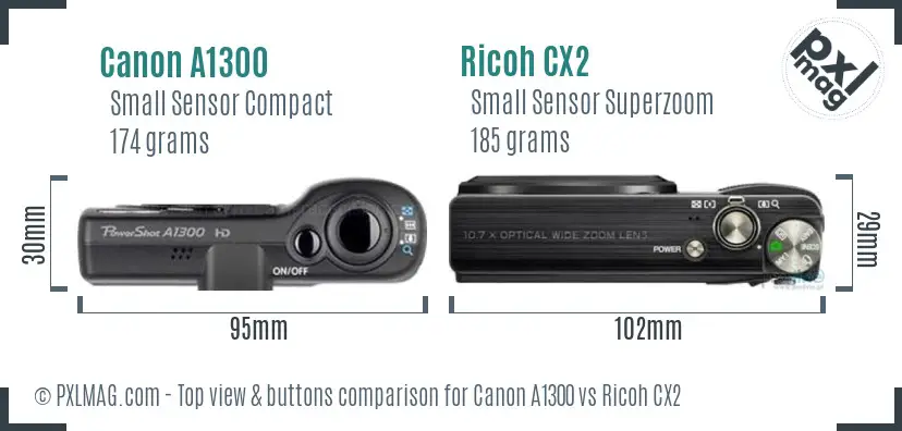 Canon A1300 vs Ricoh CX2 top view buttons comparison