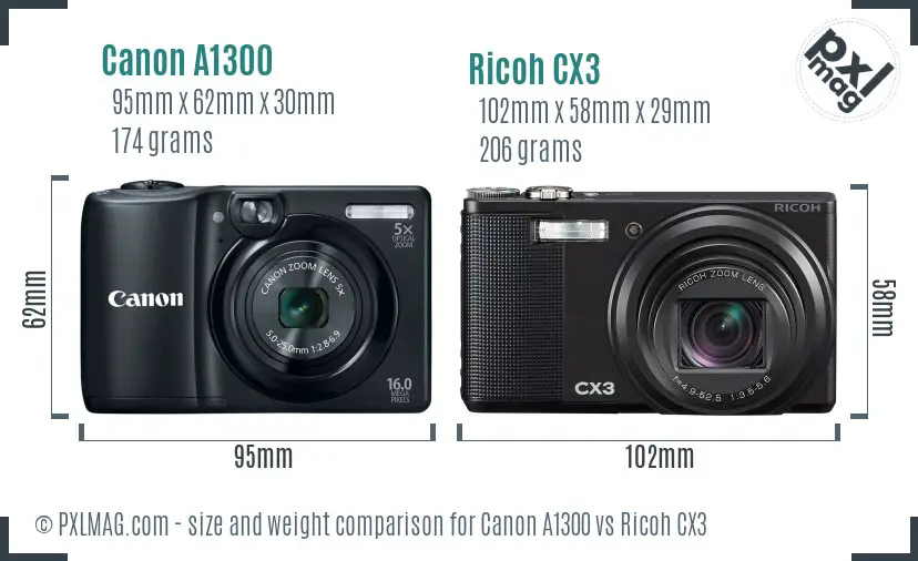 Canon A1300 vs Ricoh CX3 size comparison
