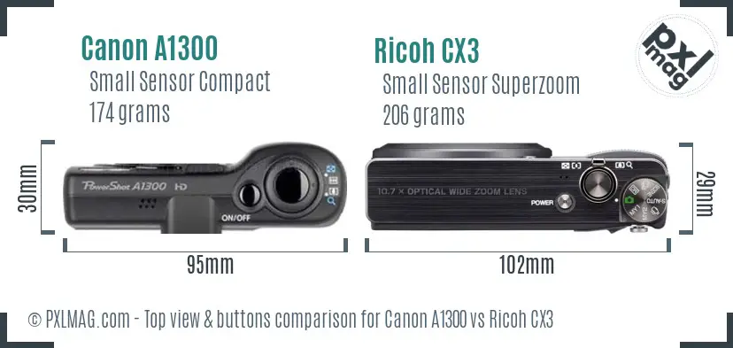 Canon A1300 vs Ricoh CX3 top view buttons comparison