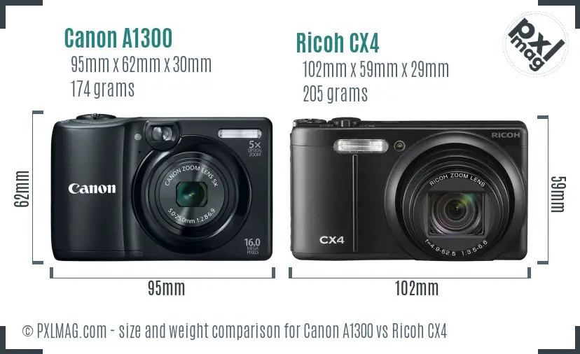 Canon A1300 vs Ricoh CX4 size comparison