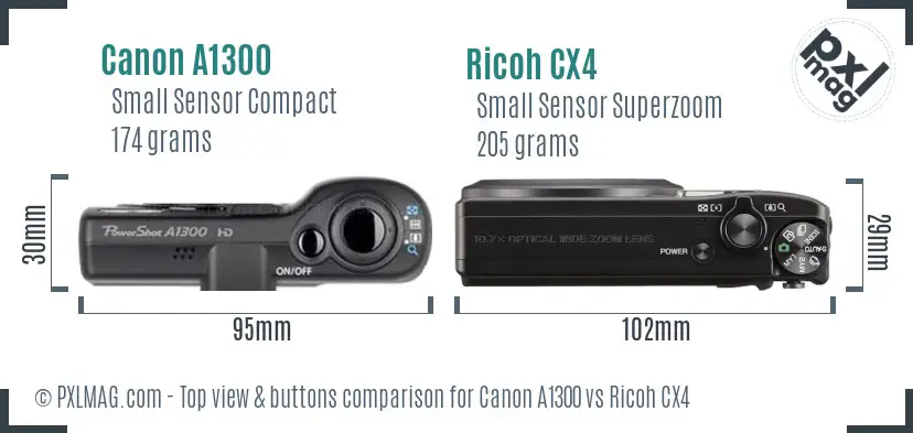 Canon A1300 vs Ricoh CX4 top view buttons comparison