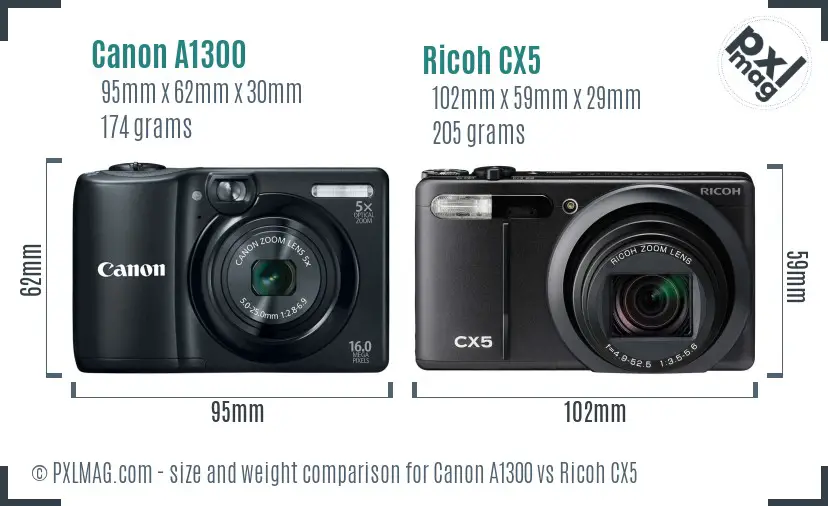 Canon A1300 vs Ricoh CX5 size comparison