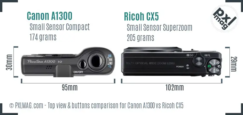 Canon A1300 vs Ricoh CX5 top view buttons comparison