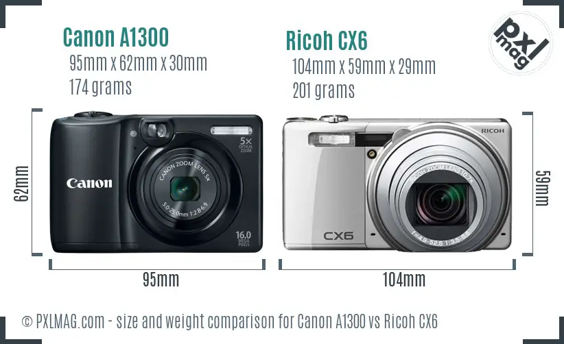 Canon A1300 vs Ricoh CX6 size comparison