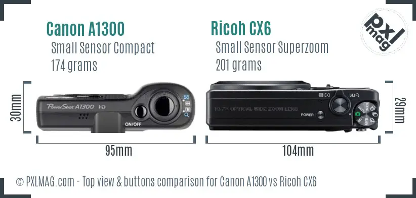 Canon A1300 vs Ricoh CX6 top view buttons comparison